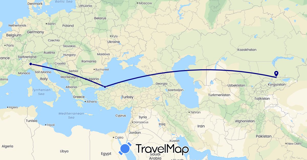 TravelMap itinerary: driving in Italy, Kyrgyzstan, Turkey (Asia, Europe)